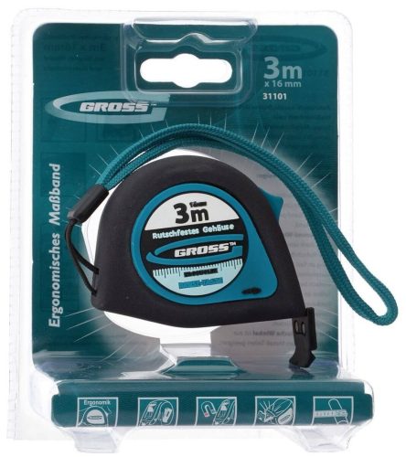 GROSS 3mx16mm professional mágneses mérőszalag  gumis akasztóvég